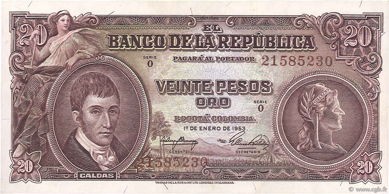 20 Pesos Oro COLOMBIA  1953 P.401a SC+