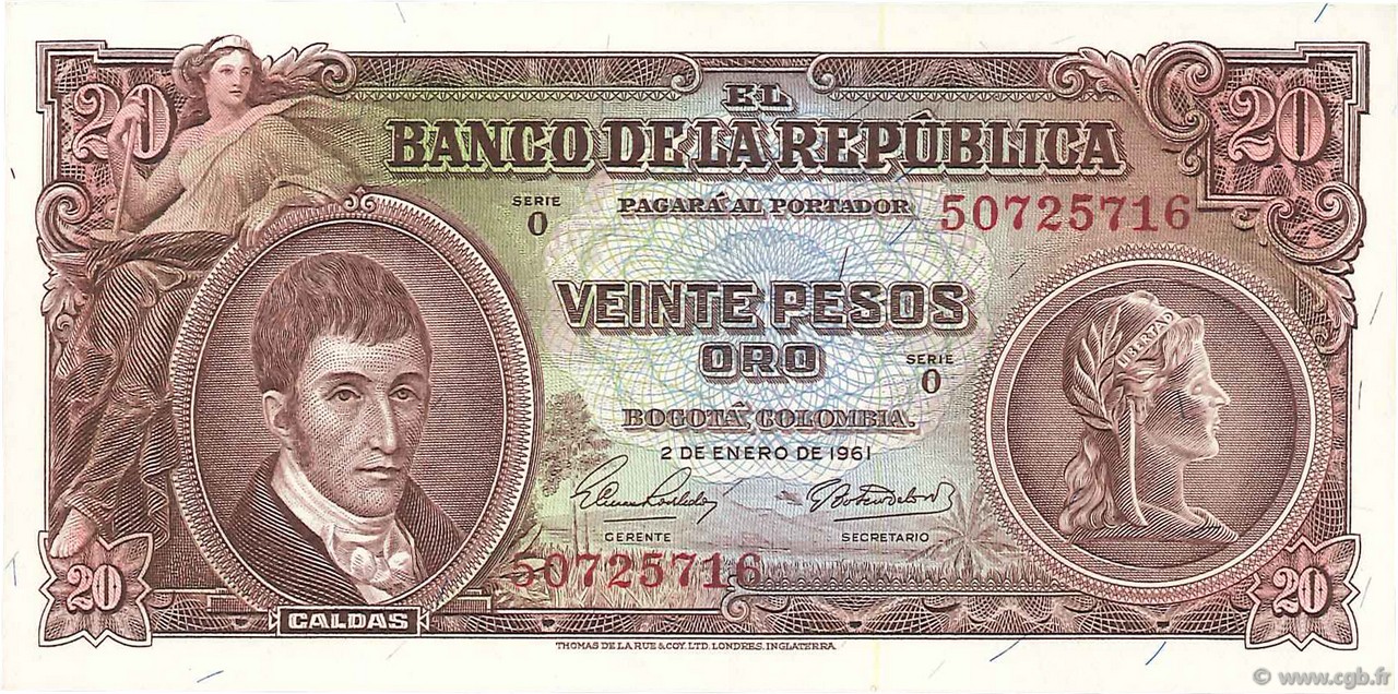 20 Pesos Oro COLOMBIA  1961 P.401c FDC