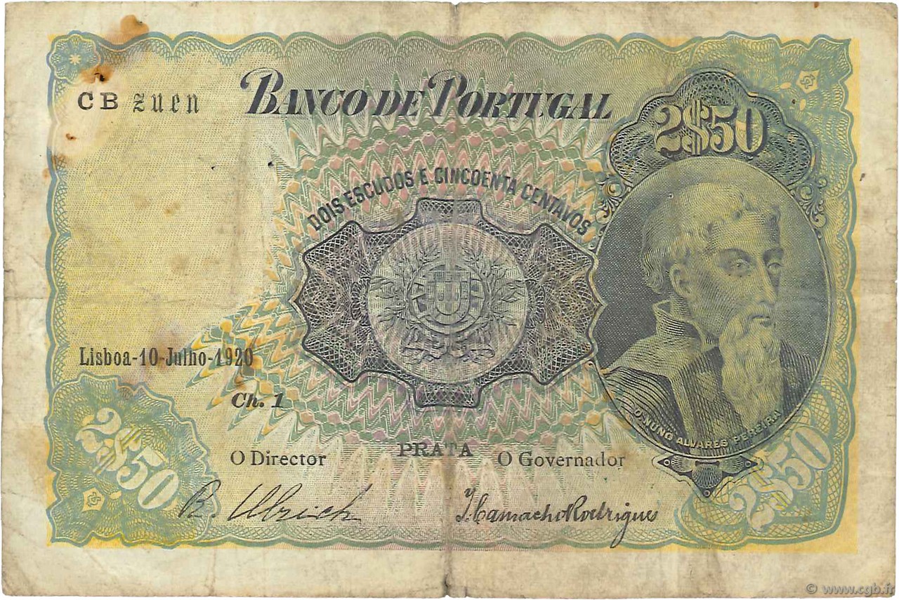 2 Escudos 50 Centavos PORTUGAL  1920 P.119 B+