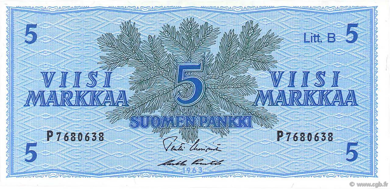 5 Markkaa FINLAND  1963 P.106Aa UNC