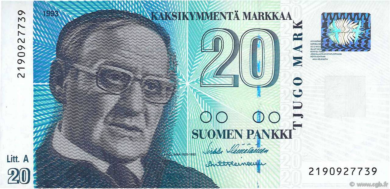 20 Markkaa FINLANDIA  1993 P.123 FDC