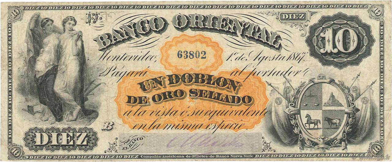 10 Pesos - 1 Doblon URUGUAY  1867 PS.385a MB