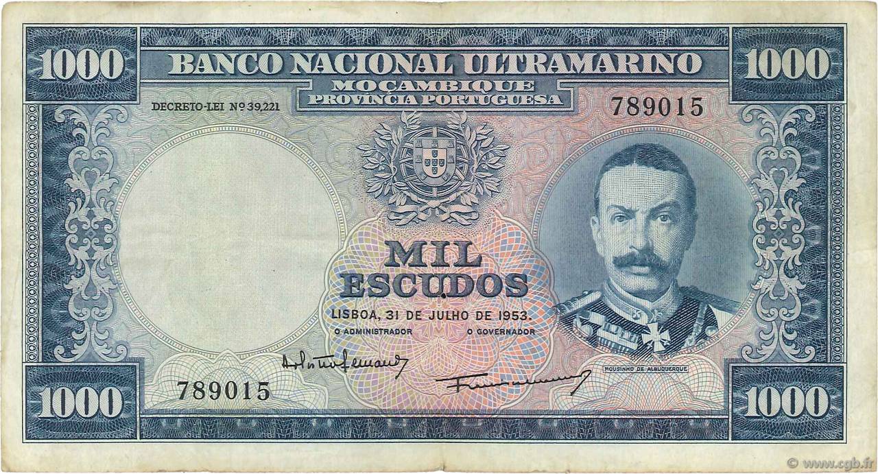 1000 Escudos MOZAMBIQUE  1953 P.105a BC+