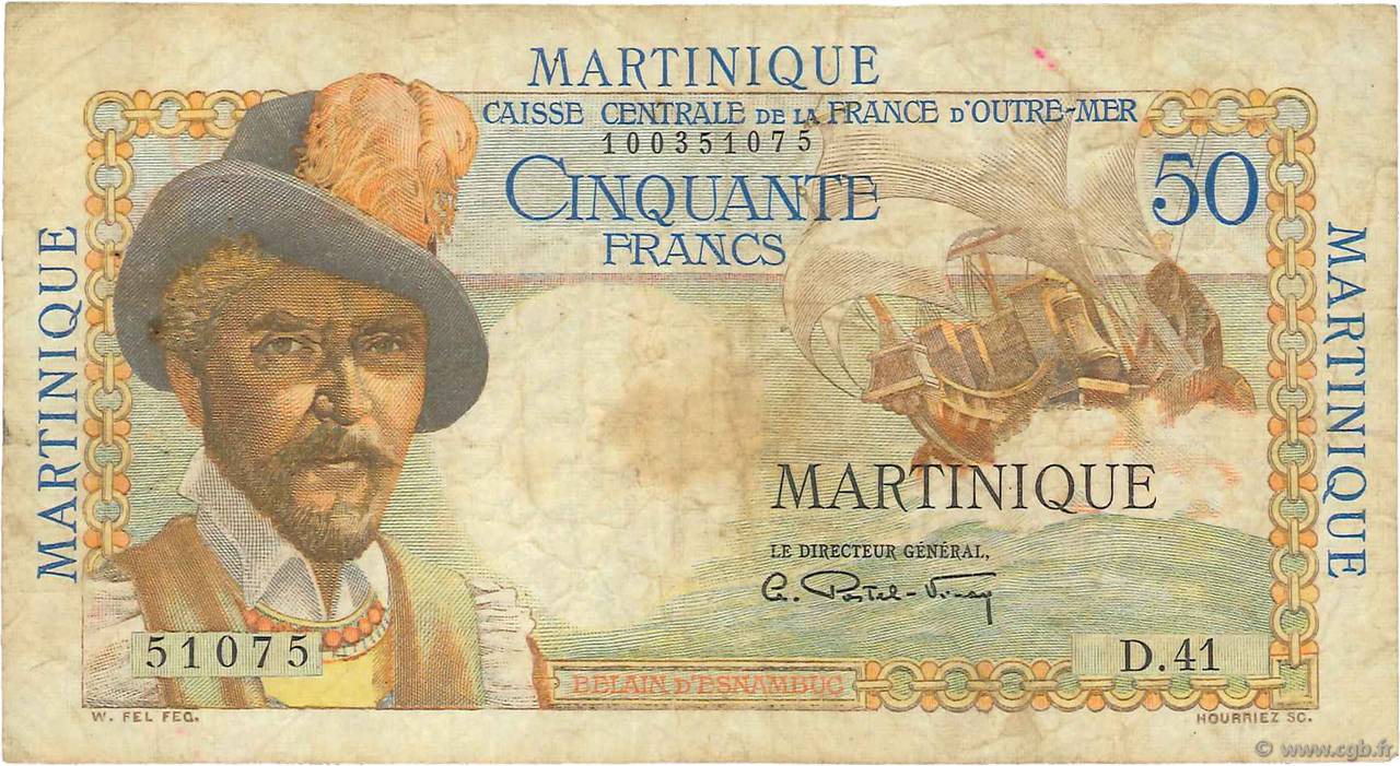50 Francs Belain d Esnambuc MARTINIQUE  1946 P.30a MB