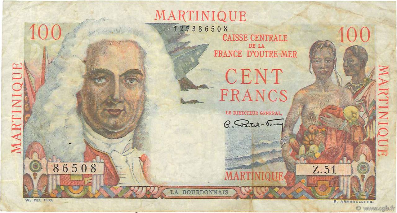 100 Francs La Bourdonnais MARTINIQUE  1946 P.31a F+