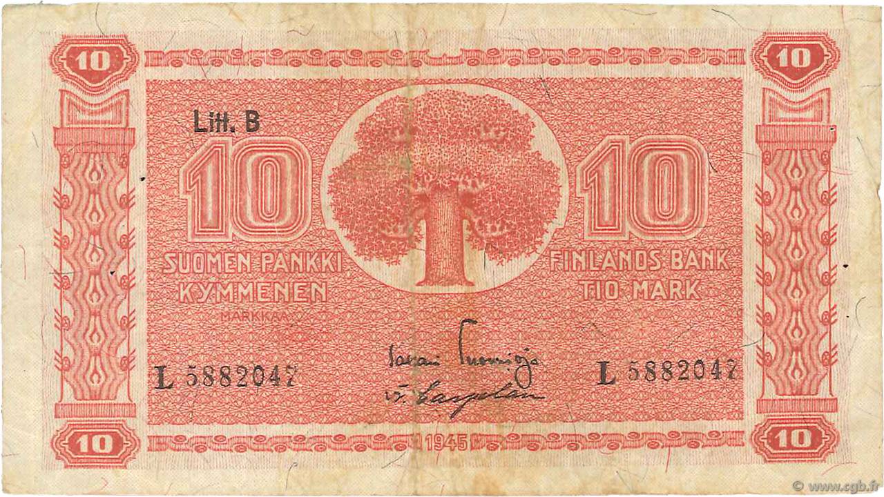 10 Markkaa FINLAND  1945 P.085 F