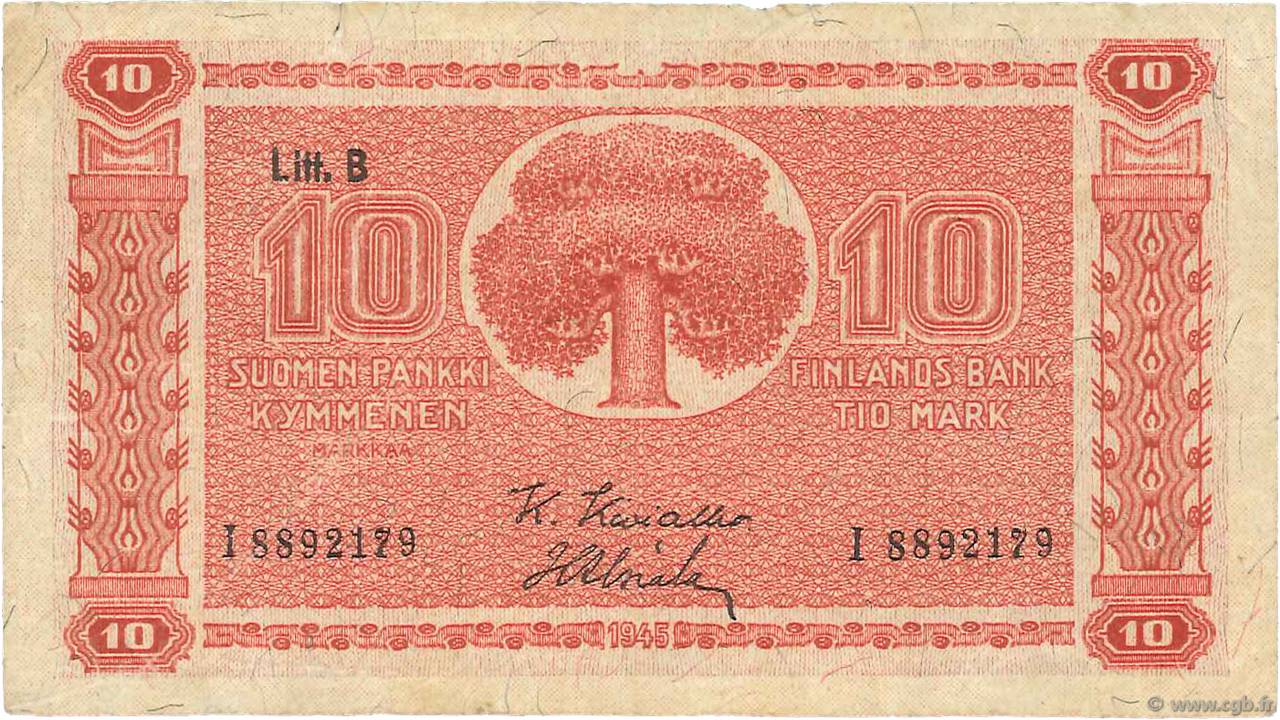 10 Markkaa FINLANDE  1945 P.085 TB