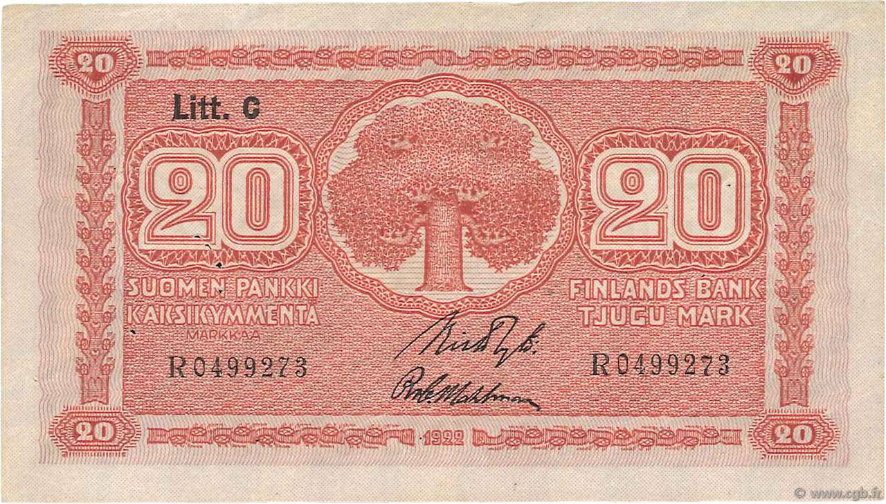 20 Markkaa FINLAND  1922 P.063a VF+