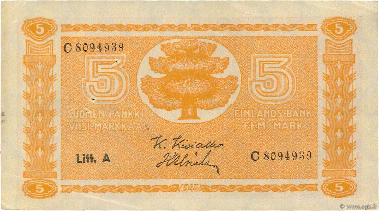 5 Markkaa FINLAND  1922 P.076a VF+