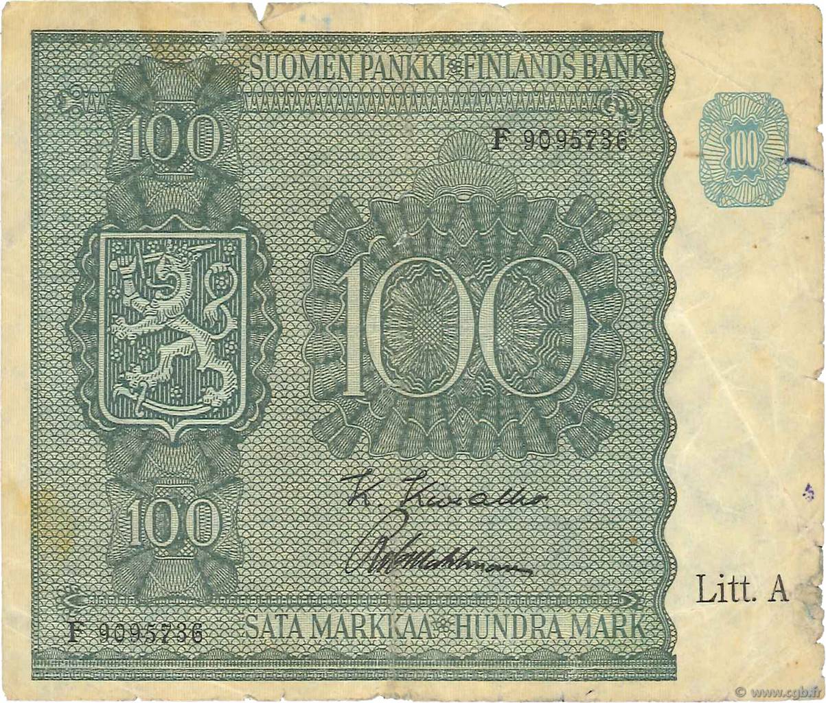 100 Markkaa FINLAND  1945 P.080a F