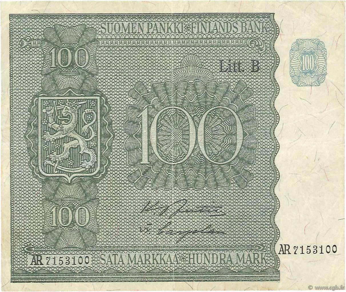 100 Markkaa FINLAND  1945 P.088 VF-