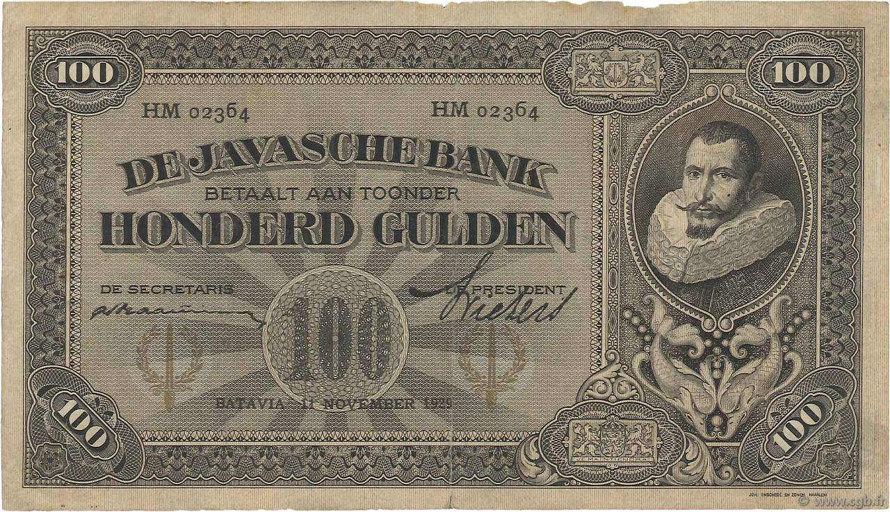 100 Gulden INDIAS NEERLANDESAS  1929 P.073c BC+