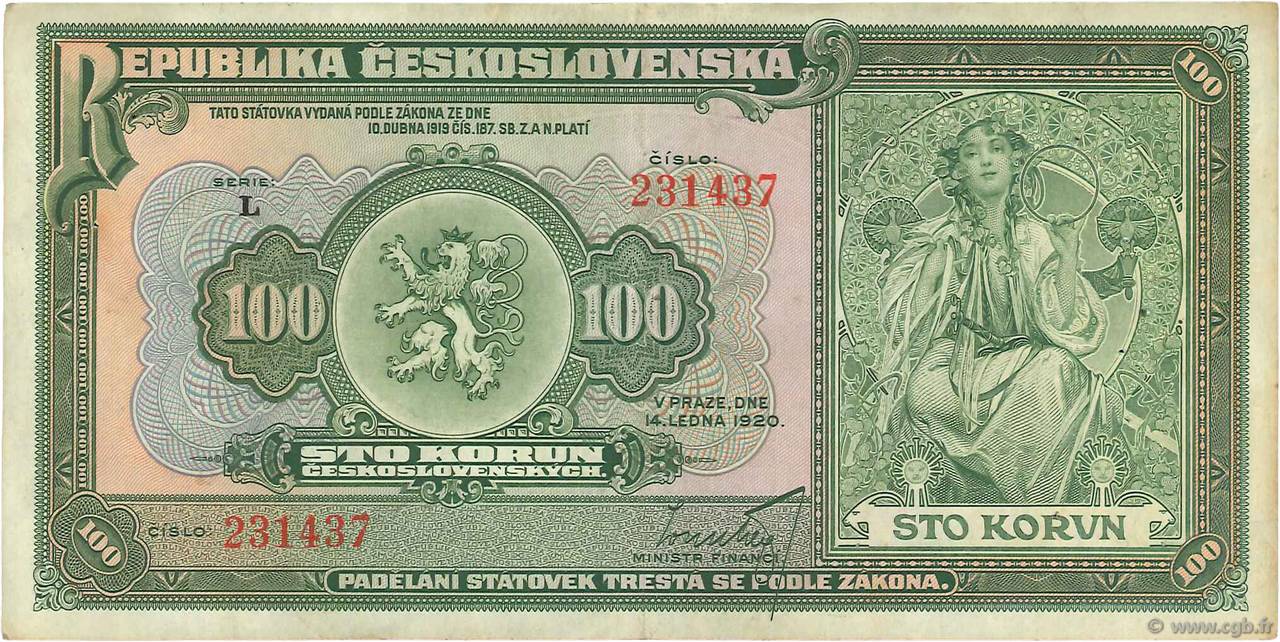100 Korun CECOSLOVACCHIA  1920 P.017a BB