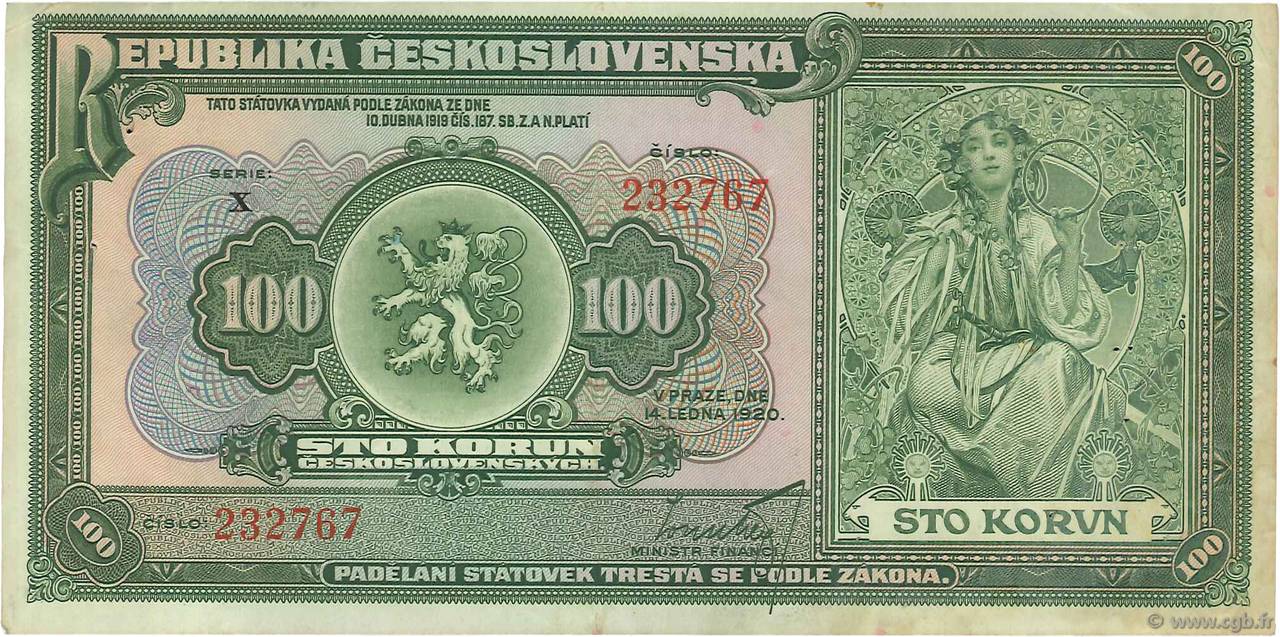 100 Korun CZECHOSLOVAKIA  1920 P.017a VF+