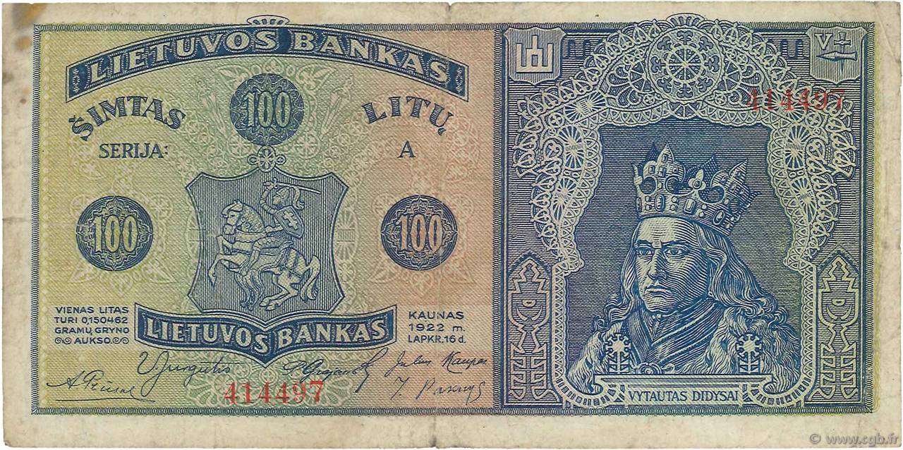 100 Litu LITUANIA  1922 P.20a q.MB