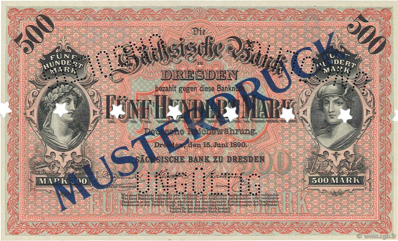 500 Mark Spécimen GERMANY Dresden 1890 PS.0953s UNC