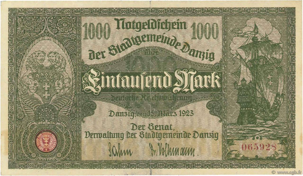 1000 Mark DANTZIG  1923 P.16 MBC+