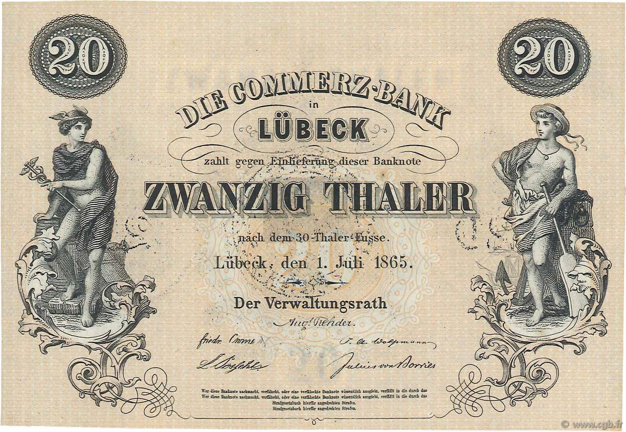 20 Thaler GERMANY Lübeck 1865 PS.0312r UNC-