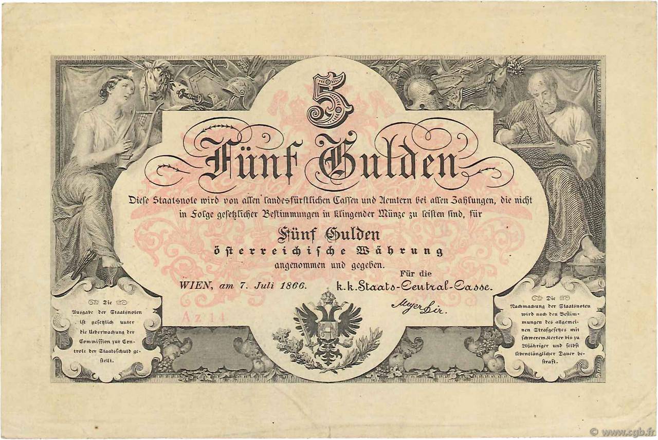5 Gulden ÖSTERREICH  1866 P.A151a fVZ