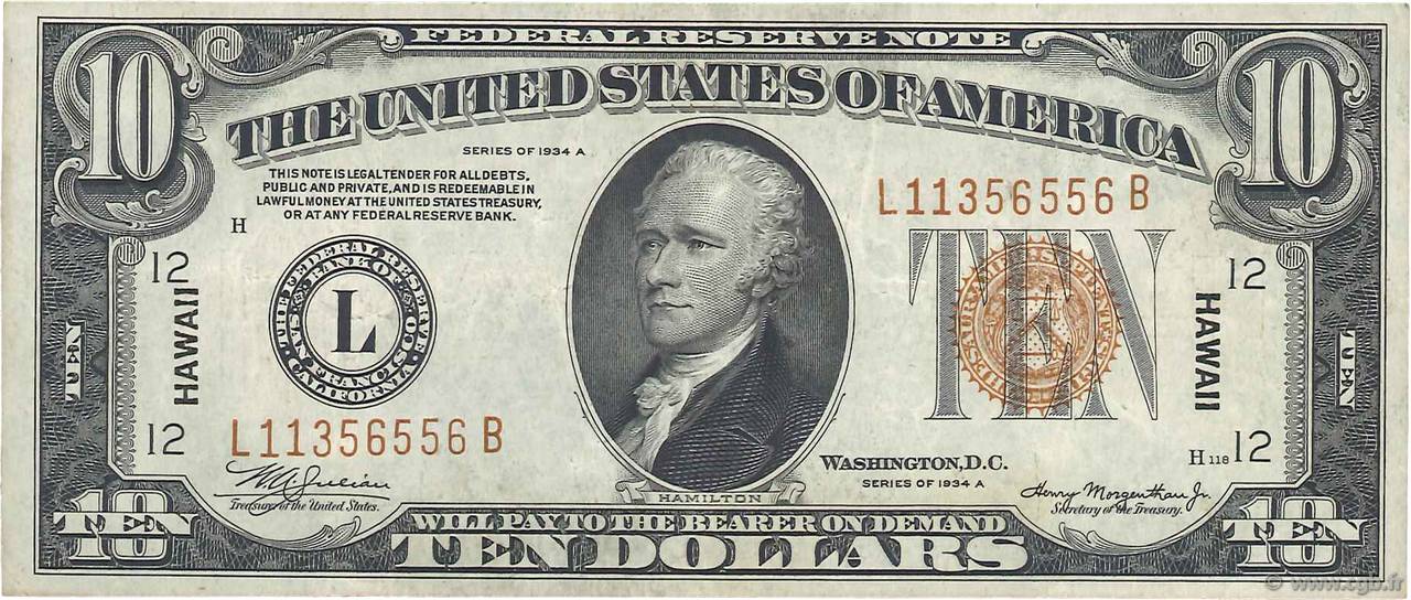 10 Dollars HAWAII  1934 P.40a VF+