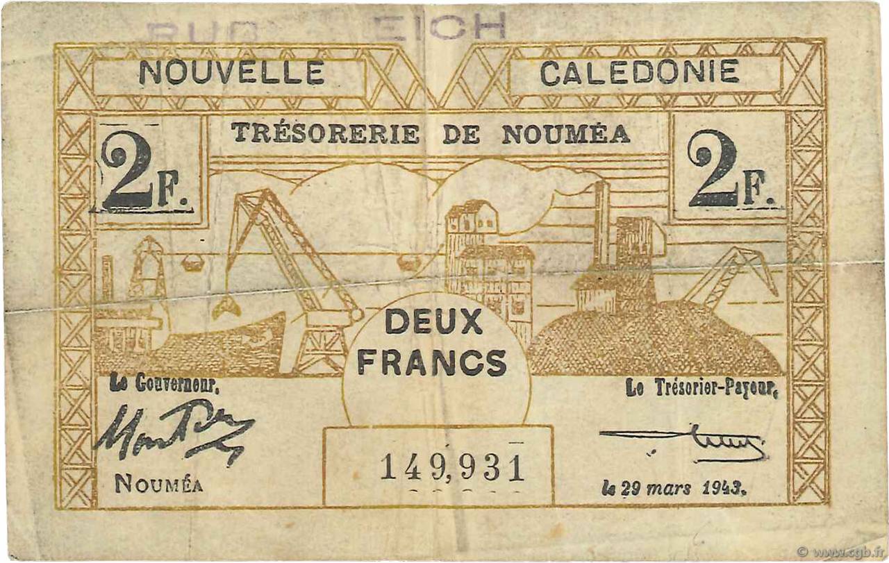 2 Franc NEW CALEDONIA  1943 P.56a VF