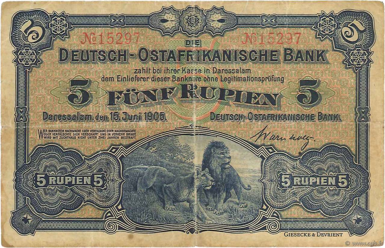 5 Rupien Deutsch Ostafrikanische Bank  1905 P.01 F+