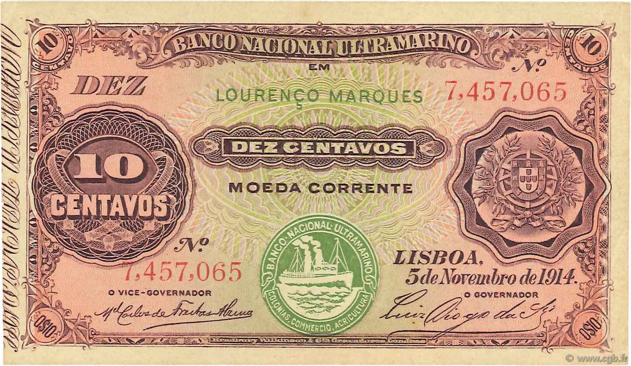 10 Centavos MOZAMBICO  1914 P.056 SPL