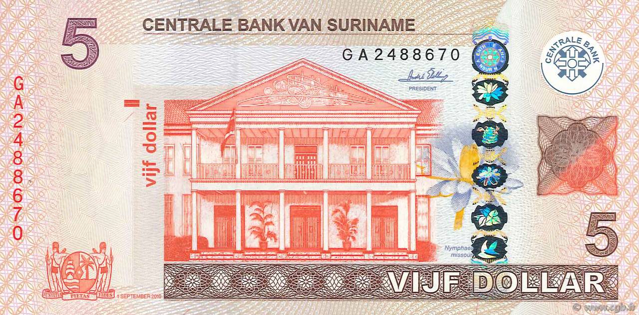 5 Dollars SURINAM  2010 P.162a FDC