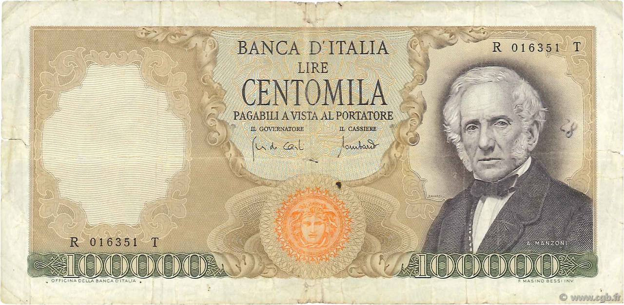 100000 Lire ITALY  1970 P.100b F+