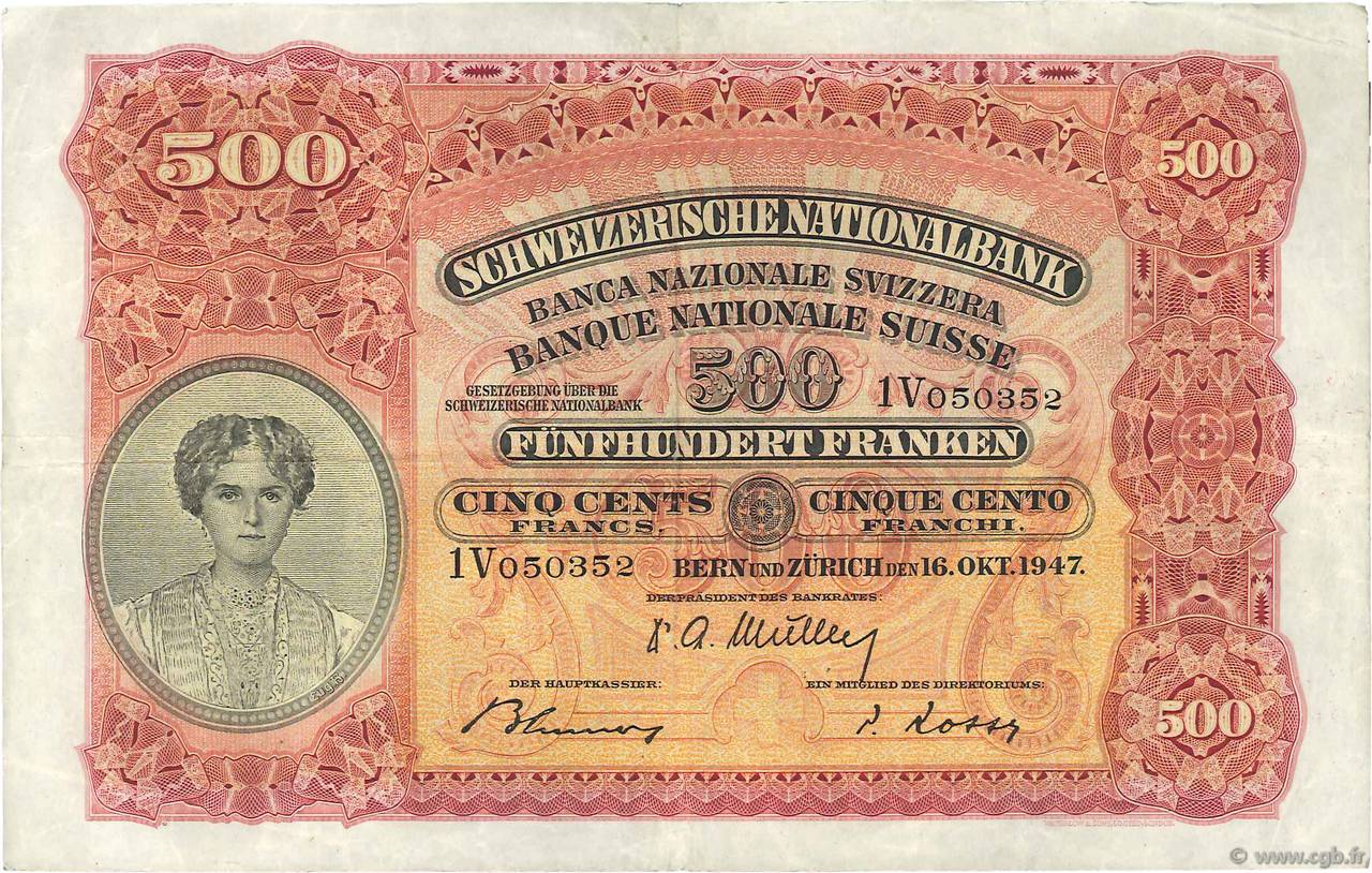500 Francs SWITZERLAND  1947 P.36f VF