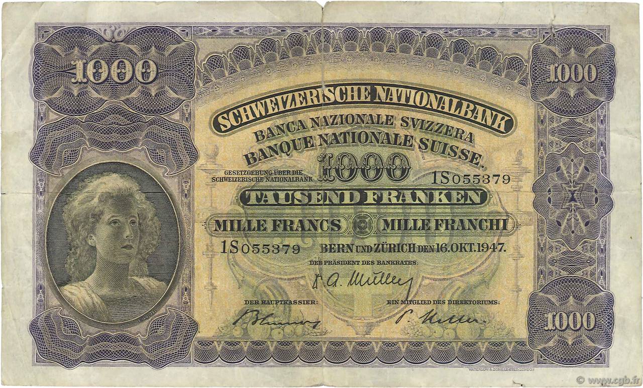 1000 Francs SWITZERLAND  1947 P.37h F
