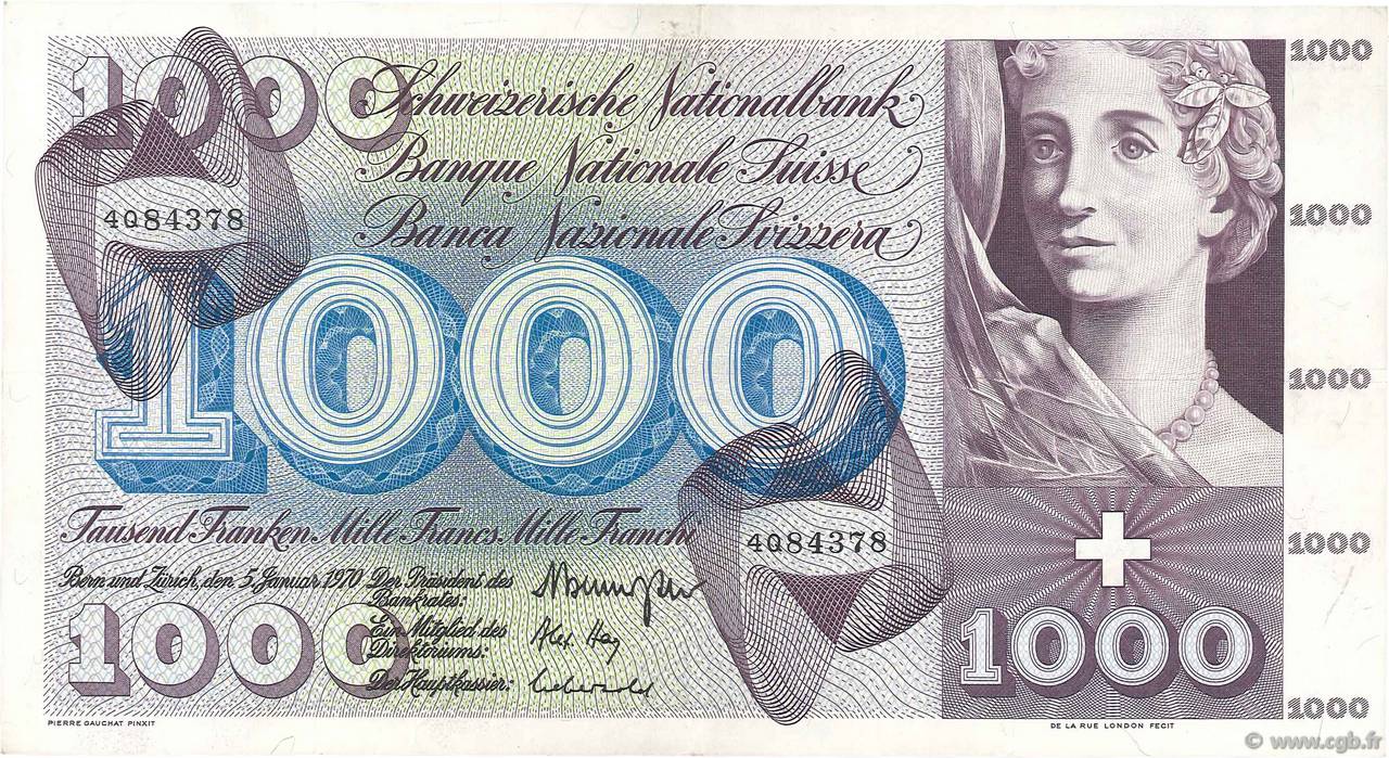 1000 Francs SWITZERLAND  1970 P.52i VF+