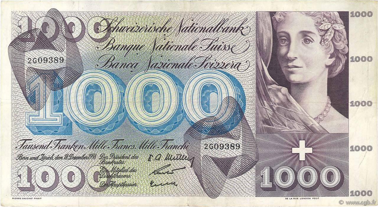 1000 Francs SWITZERLAND  1958 P.52b VF-