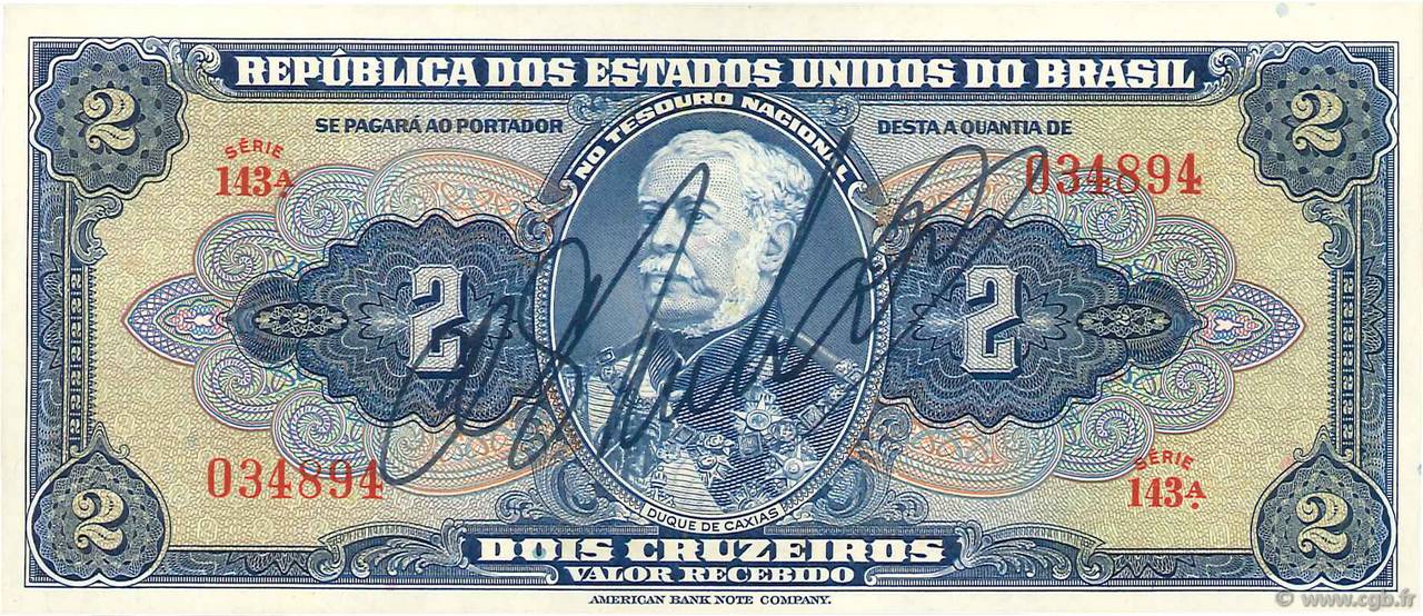 2 Cruzeiros BRAZIL  1944 P.133a UNC