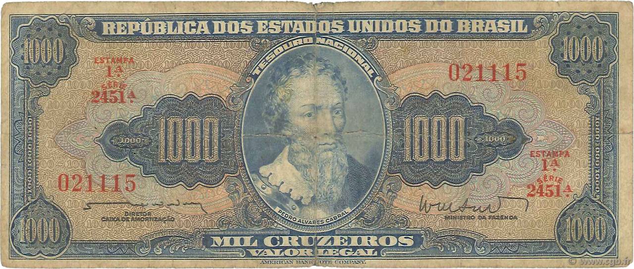 1000 Cruzeiros BRAZIL  1962 P.173b G