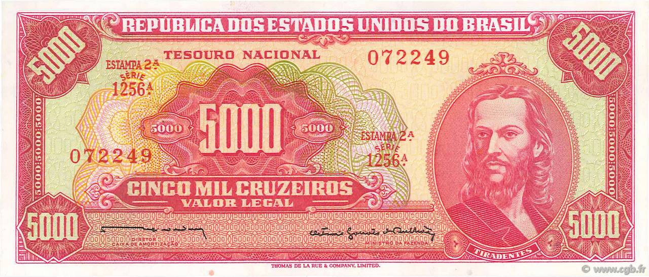 5000 Cruzeiros BRAZIL  1964 P.182b UNC