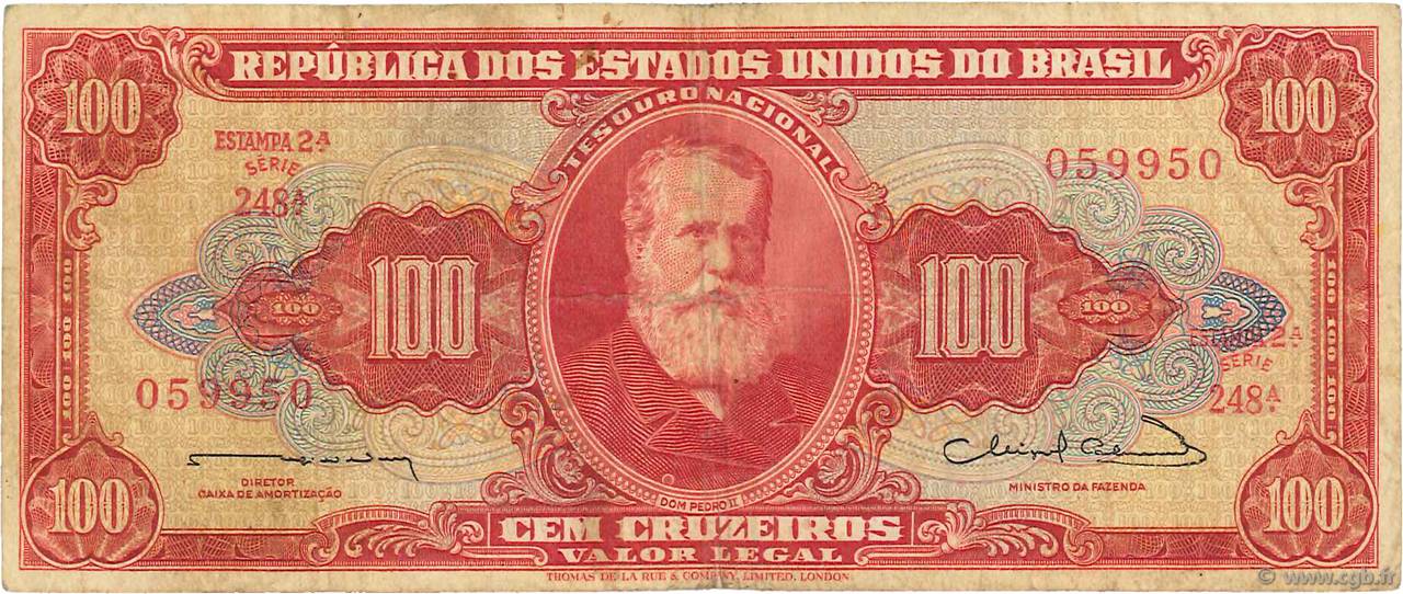 100 Cruzeiros BRAZIL  1963 P.180 F