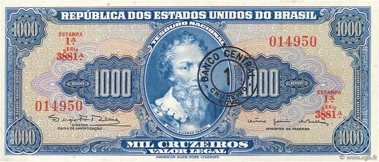 1 Cruzeiro Novo sur 1000 Cruzeiros BRASILE  1966 P.187a AU