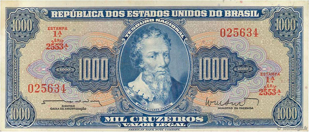 1000 Cruzeiros BRASIL  1962 P.173b MBC+