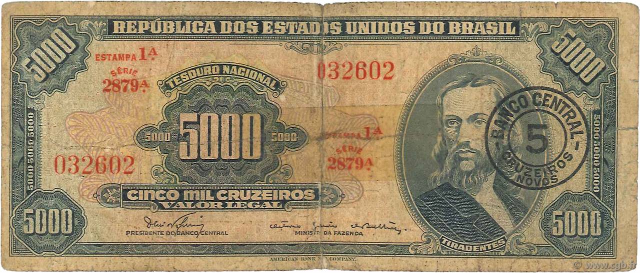 5 Cruzeiros Novos sur 5000 Cruzeiros BRAZIL  1966 P.188b G