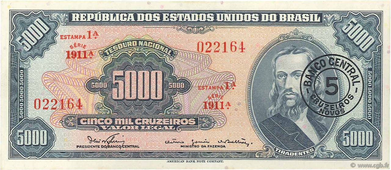 5 Cruzeiros Novos sur 5000 Cruzeiros BRASIL  1966 P.188b SC