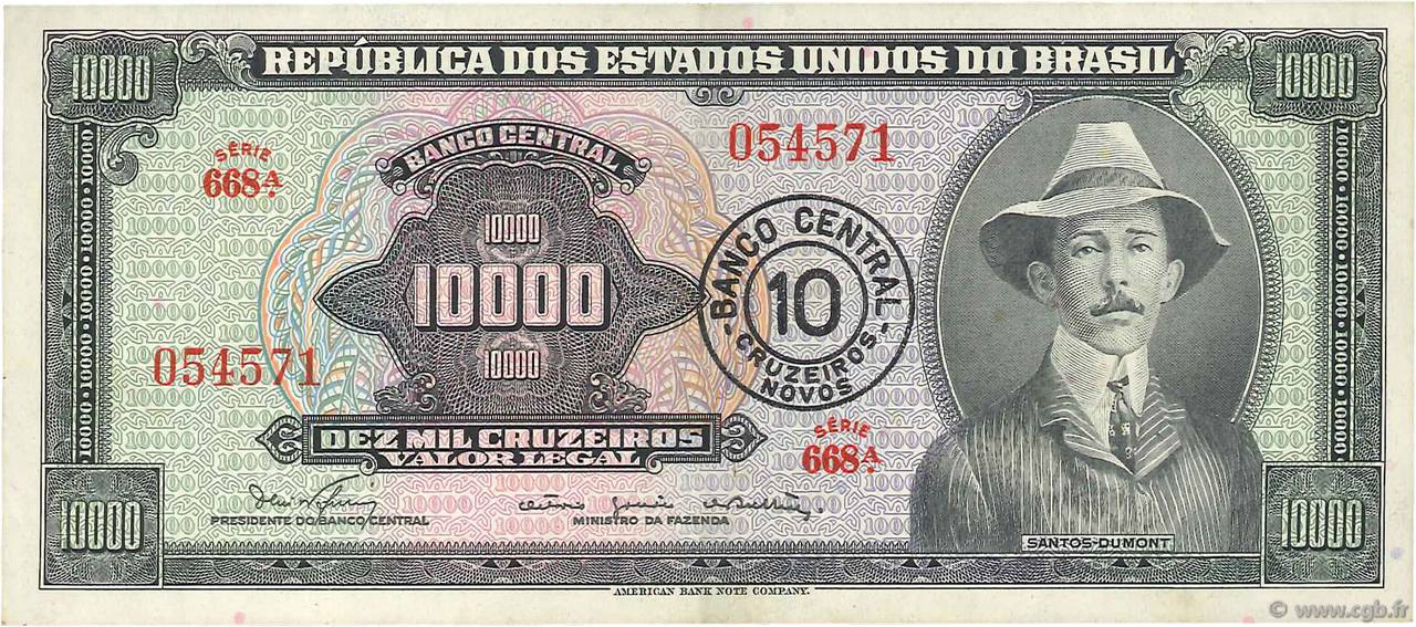 10 Cruzeiros Novos sur 10000 Cruzeiros BRAZIL  1966 P.189a VF+