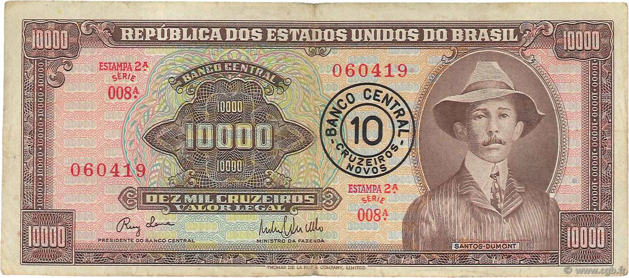 10 Cruzeiros Novos sur 10000 Cruzeiros BRAZIL  1967 P.190a F+