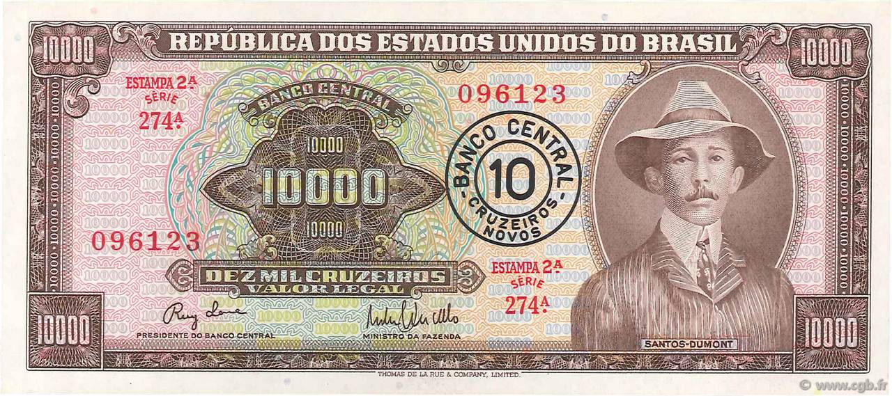 10 Cruzeiros Novos sur 10000 Cruzeiros BRASILIEN  1967 P.190a VZ+