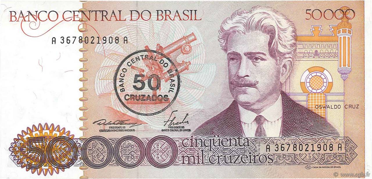 50 Cruzados sur 50000 Cruzeiros BRASILE  1986 P.207a FDC