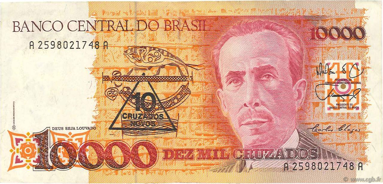 10 Cruzados Novos sur 10000 Cruzados BRASILIEN  1989 P.218a SS