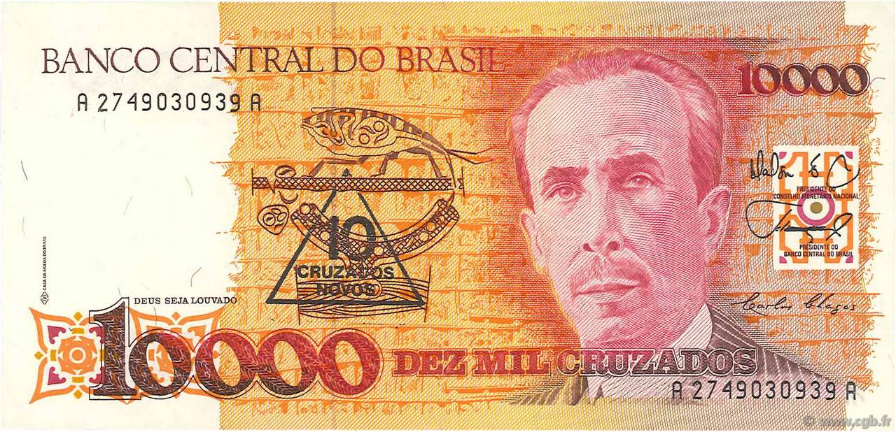 10 Cruzados Novos sur 10000 Cruzados BRAZIL  1989 P.218a AU