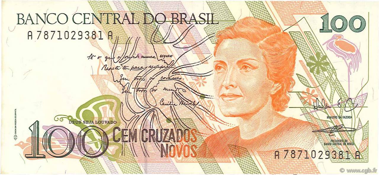 100 Cruzados Novos BRAZIL  1989 P.220b AU