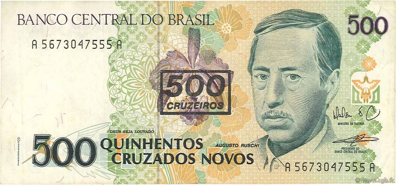 500 Cruzeiros sur 500 Cruzados novos BRAZIL  1990 P.226b VF