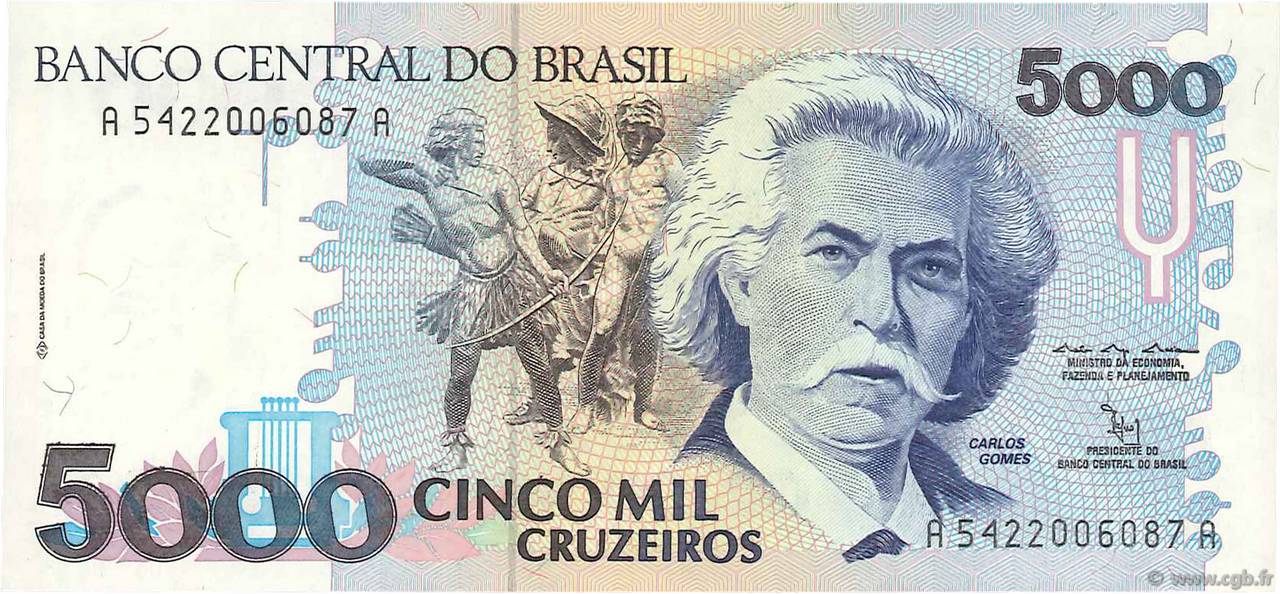 5000 Cruzeiros BRAZIL  1992 P.232b UNC